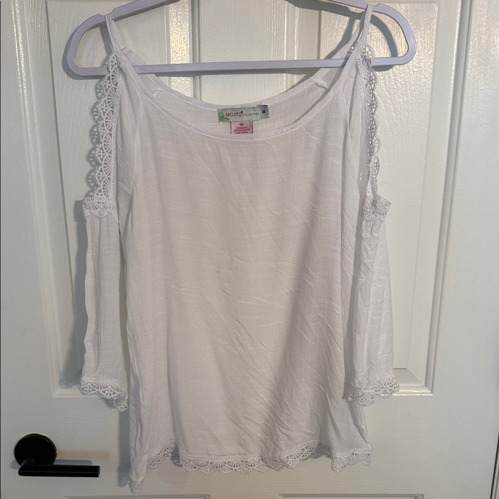 White Lace Trim Cold Shoulder Blouse